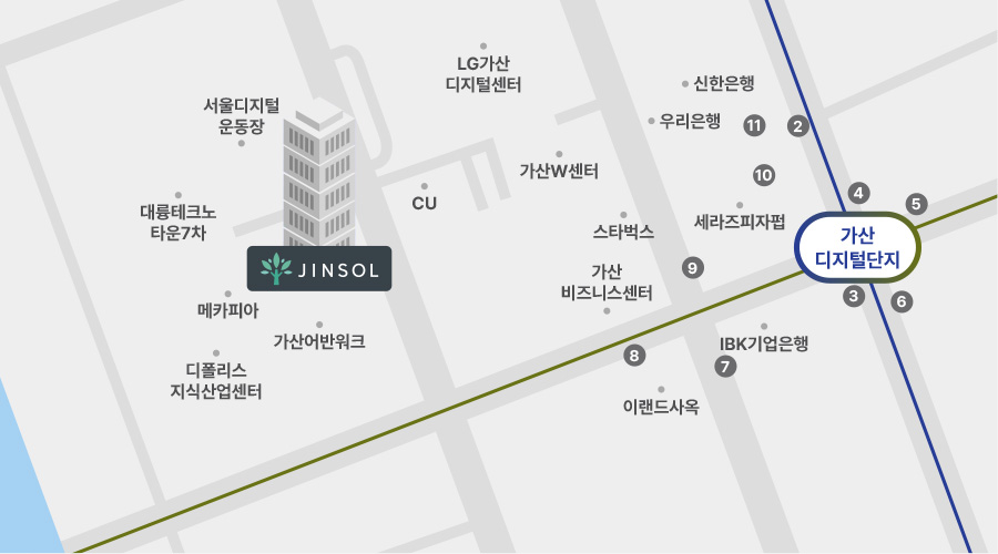 가산디지털단지역(1호선&7호선) 8, 9번 출구에서 도보 4분거리에 위치해 있습니다.